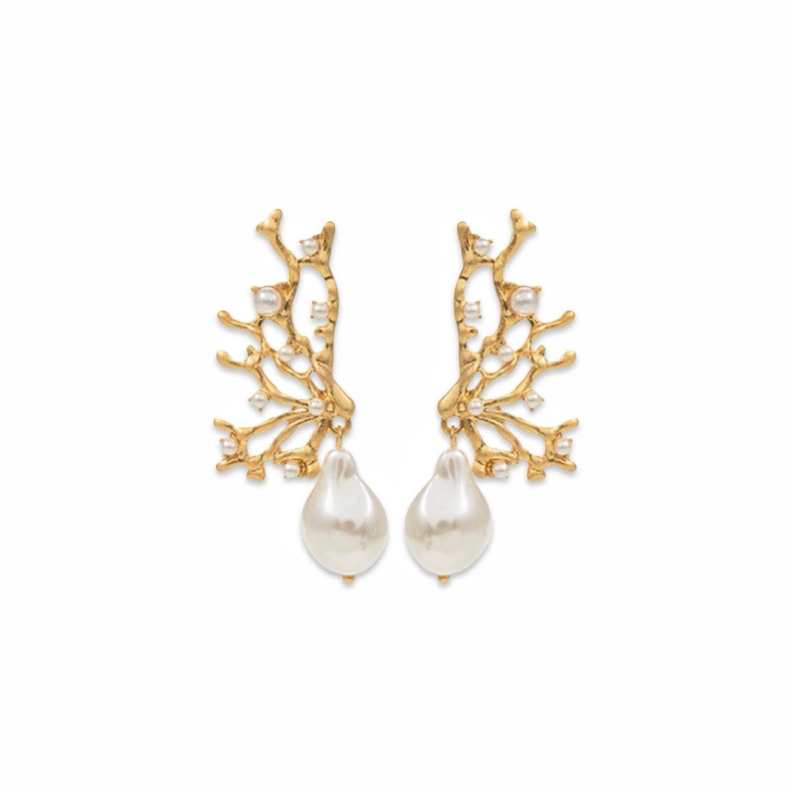 Coral Branch & Pearl Dangle Earrings