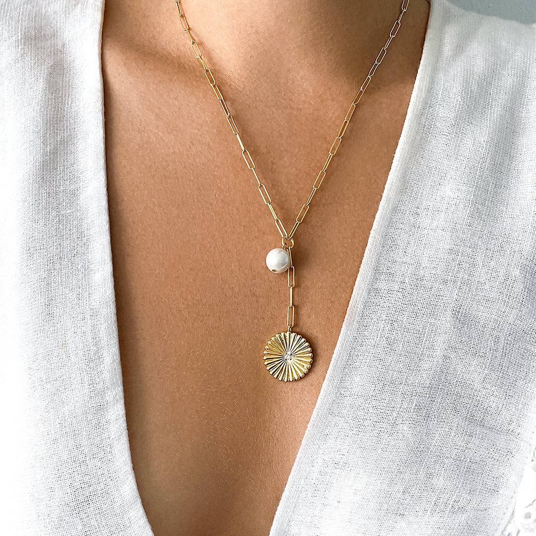 Sunburst Pendant Y- Necklace with Pearl Drop gold
