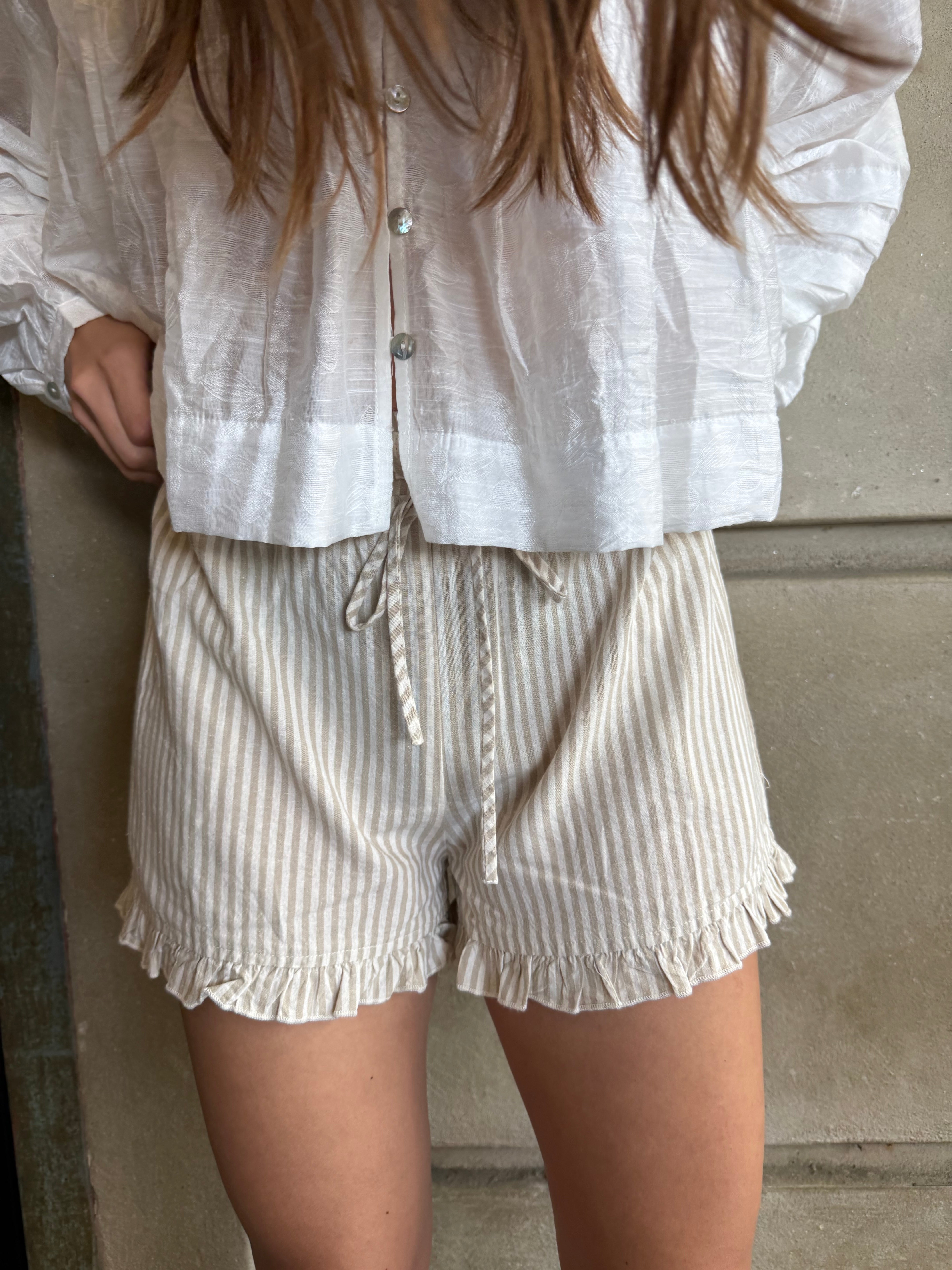 Khaki Striped Ruffle Shorts