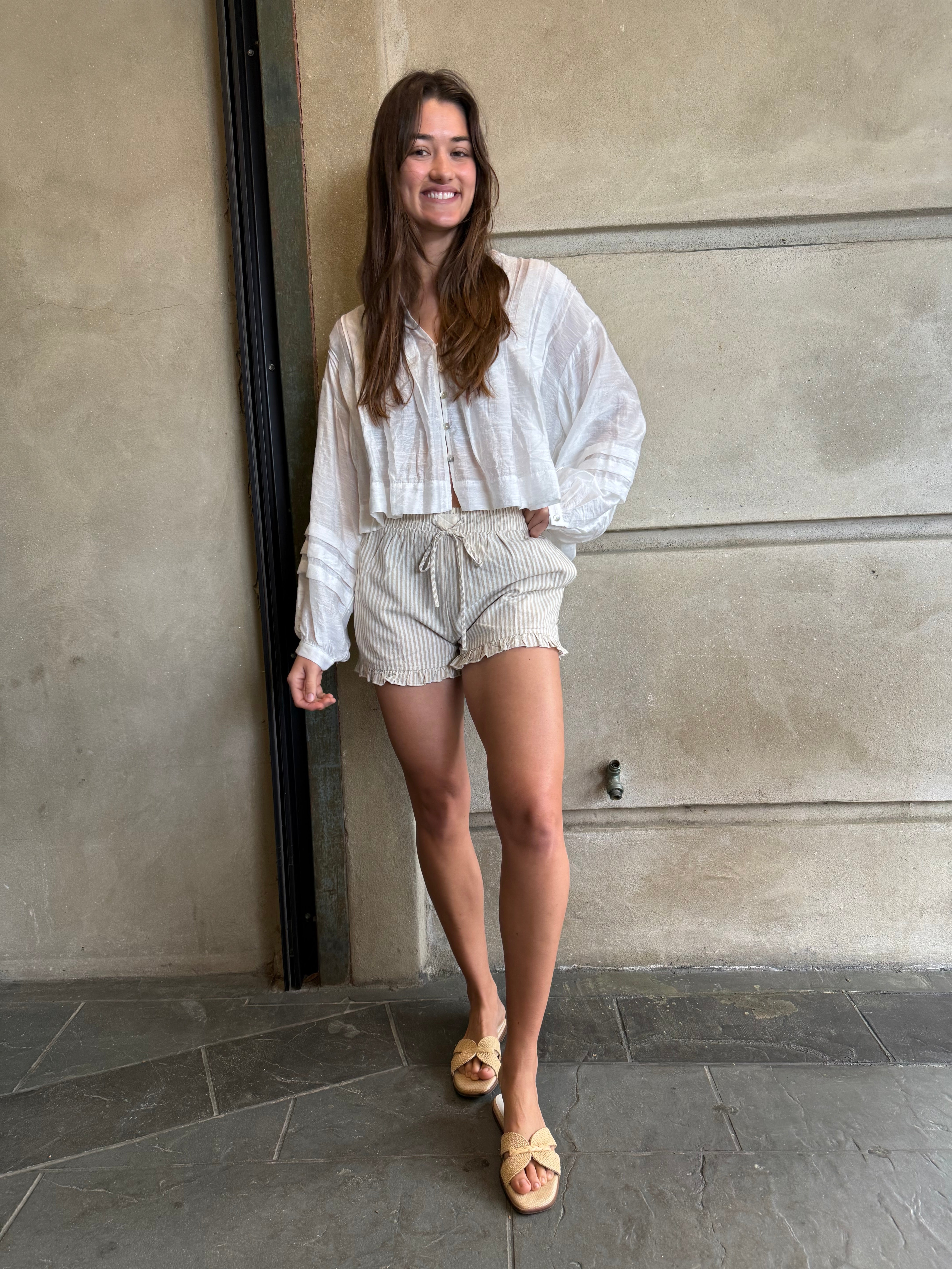 Khaki Striped Ruffle Shorts