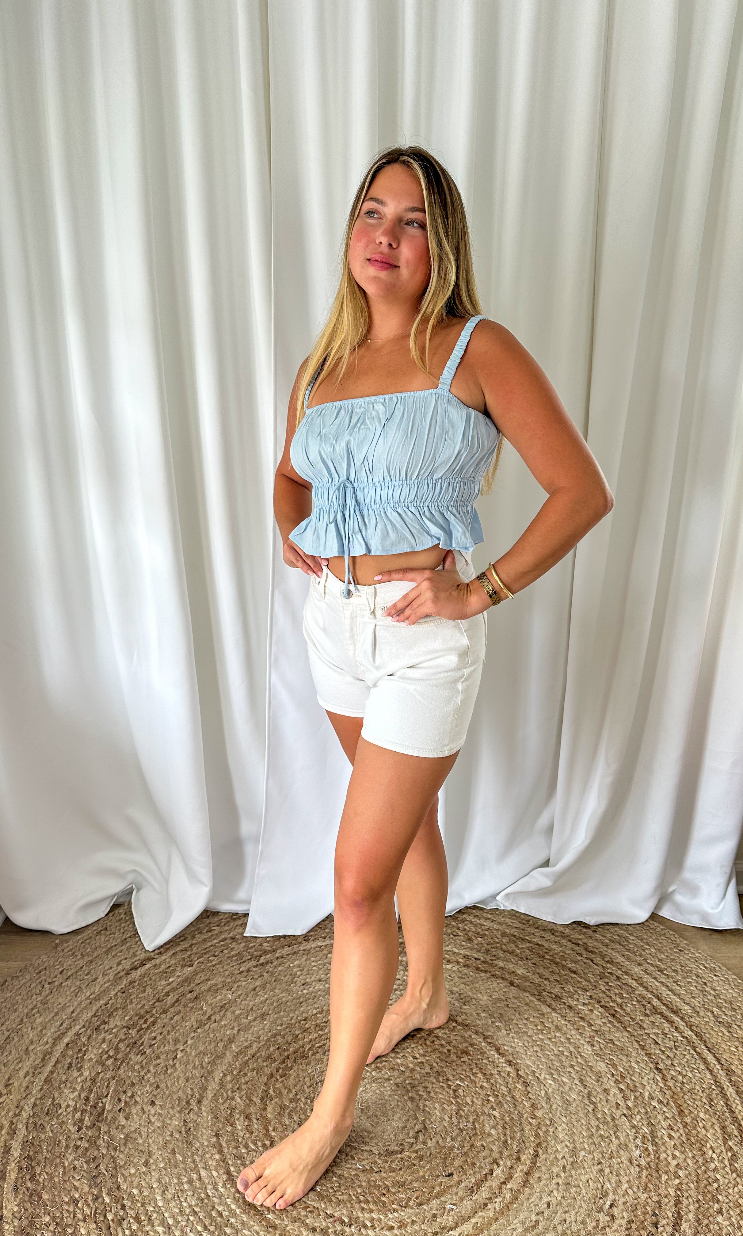 White Pleated Denim Shorts