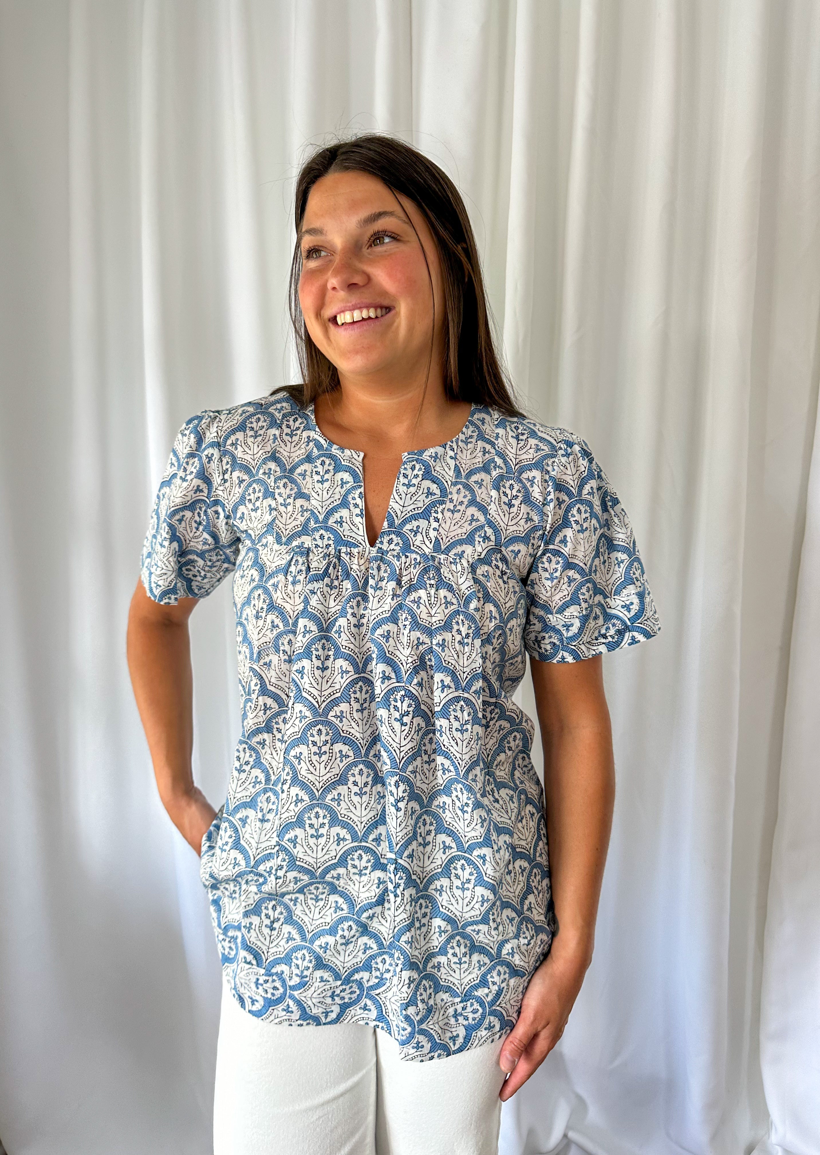 Riley Blue Block Print Top