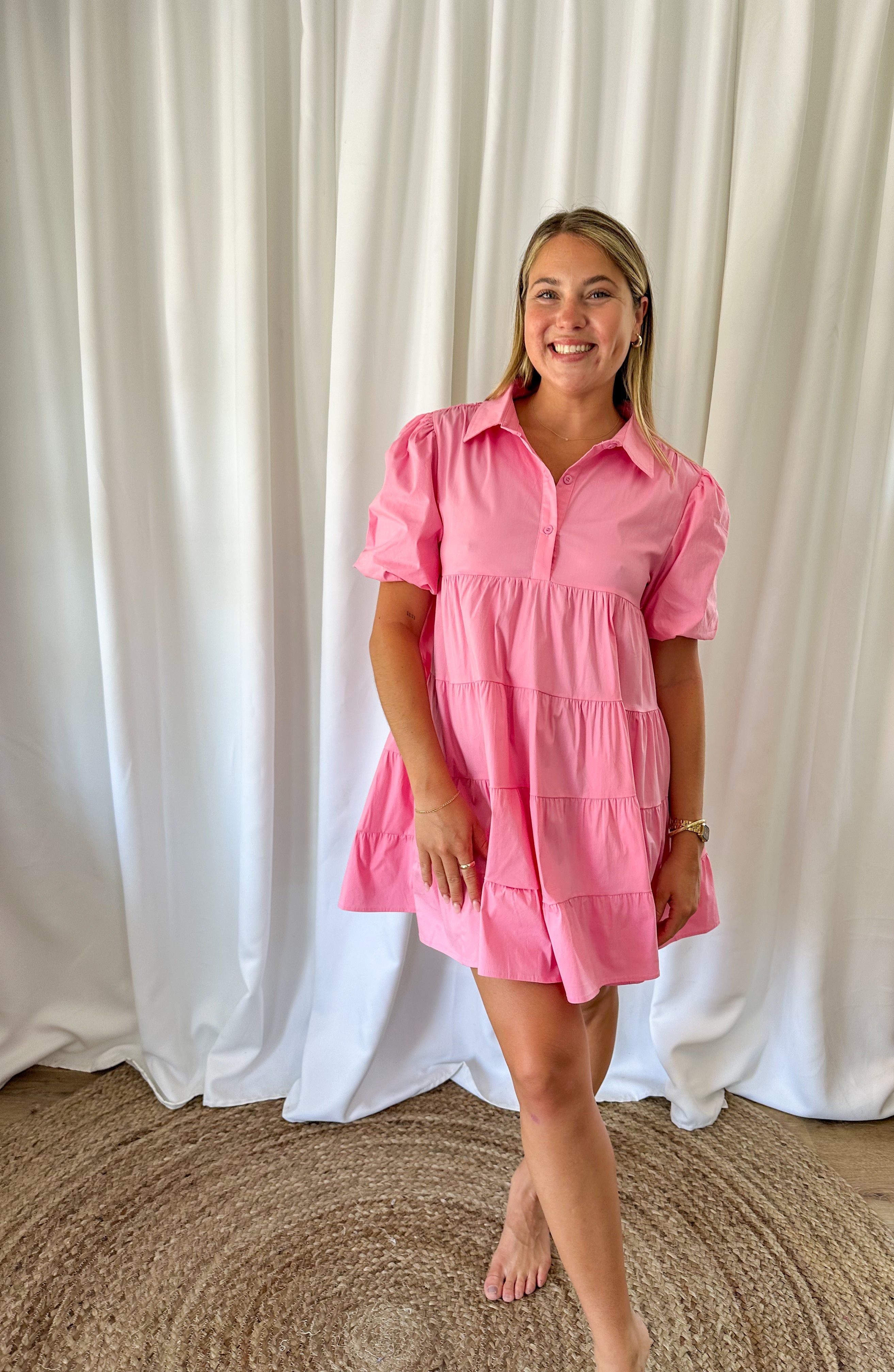 Pink Tiered Shirt Dress
