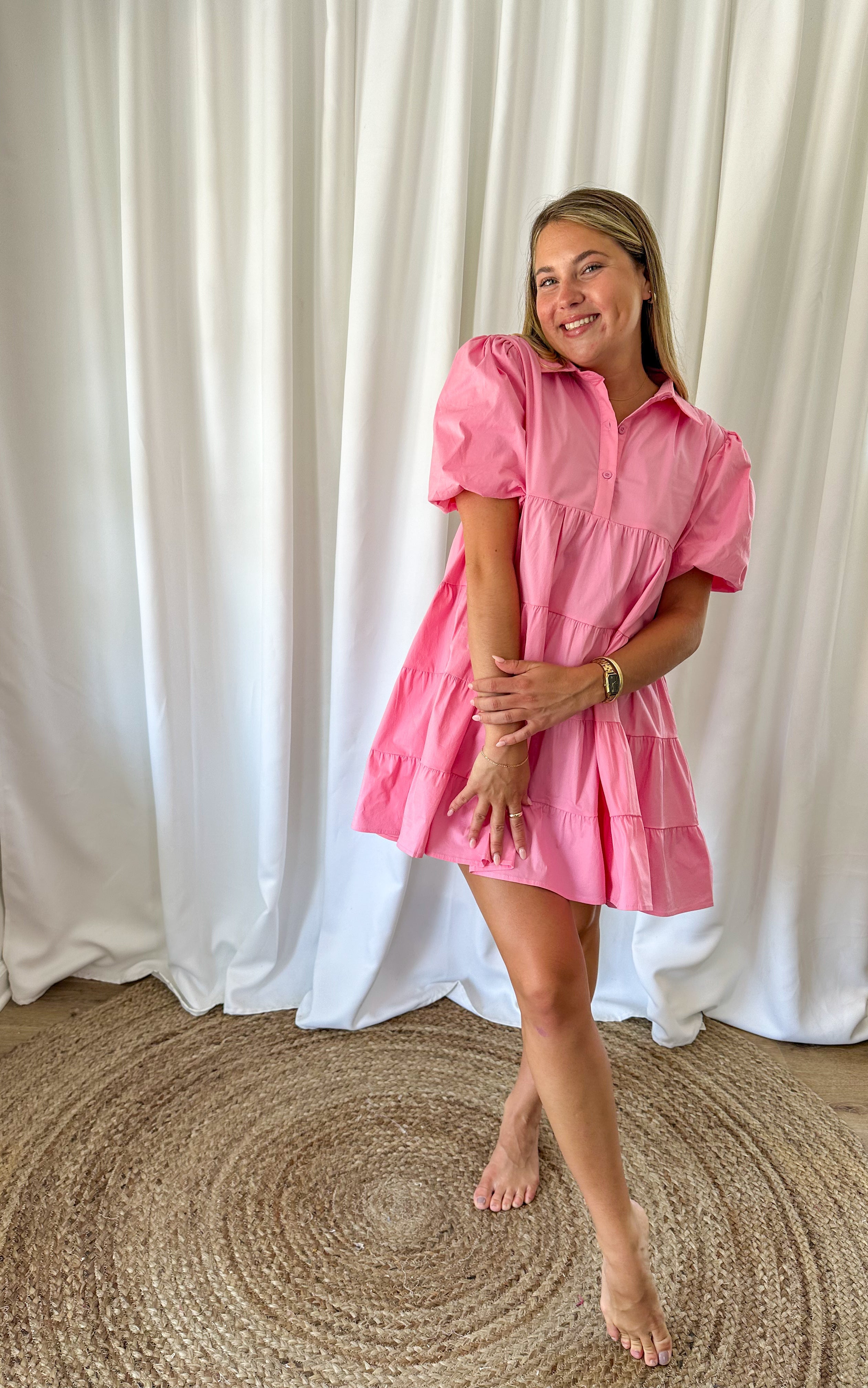 Pink Tiered Shirt Dress