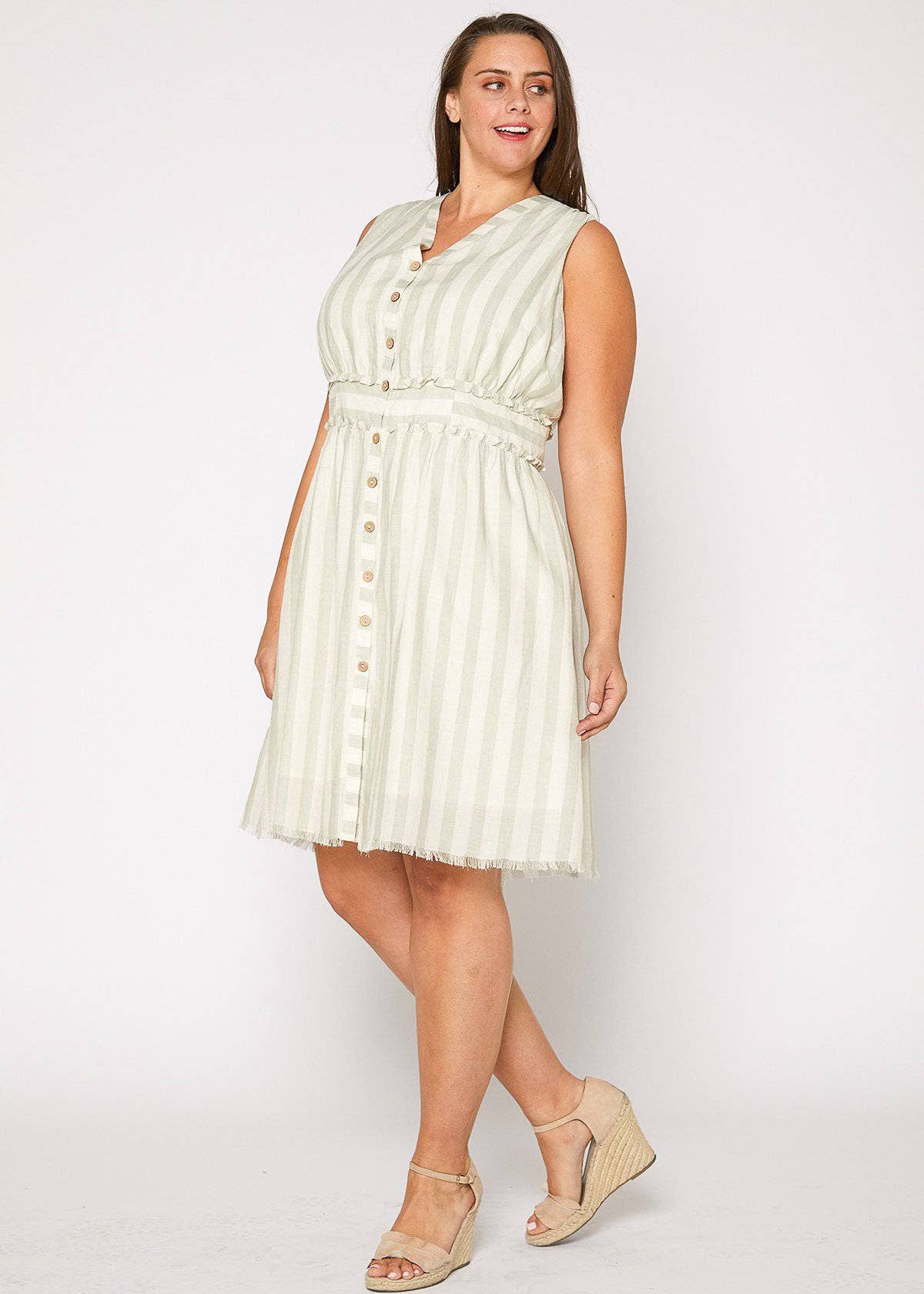 Plus Size Button Down Sage Striped Dress