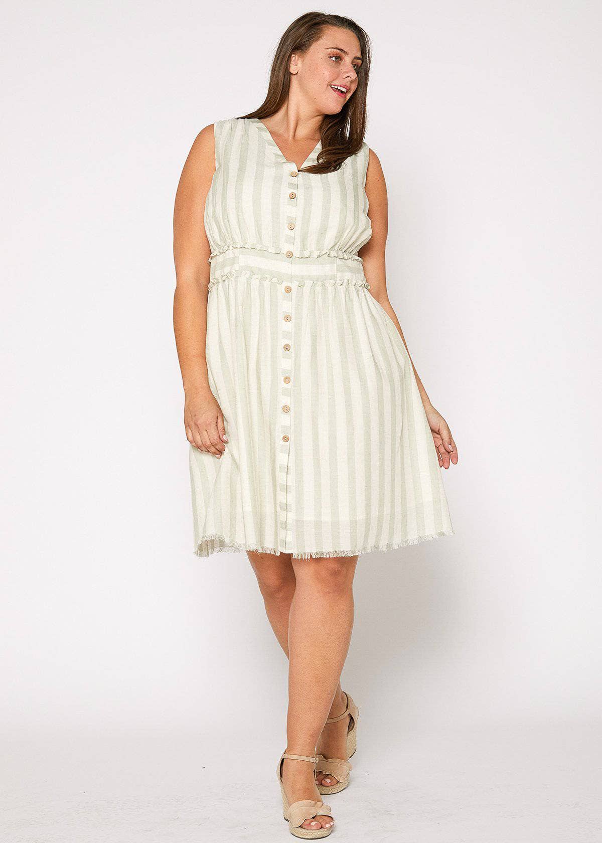Plus Size Button Down Sage Striped Dress