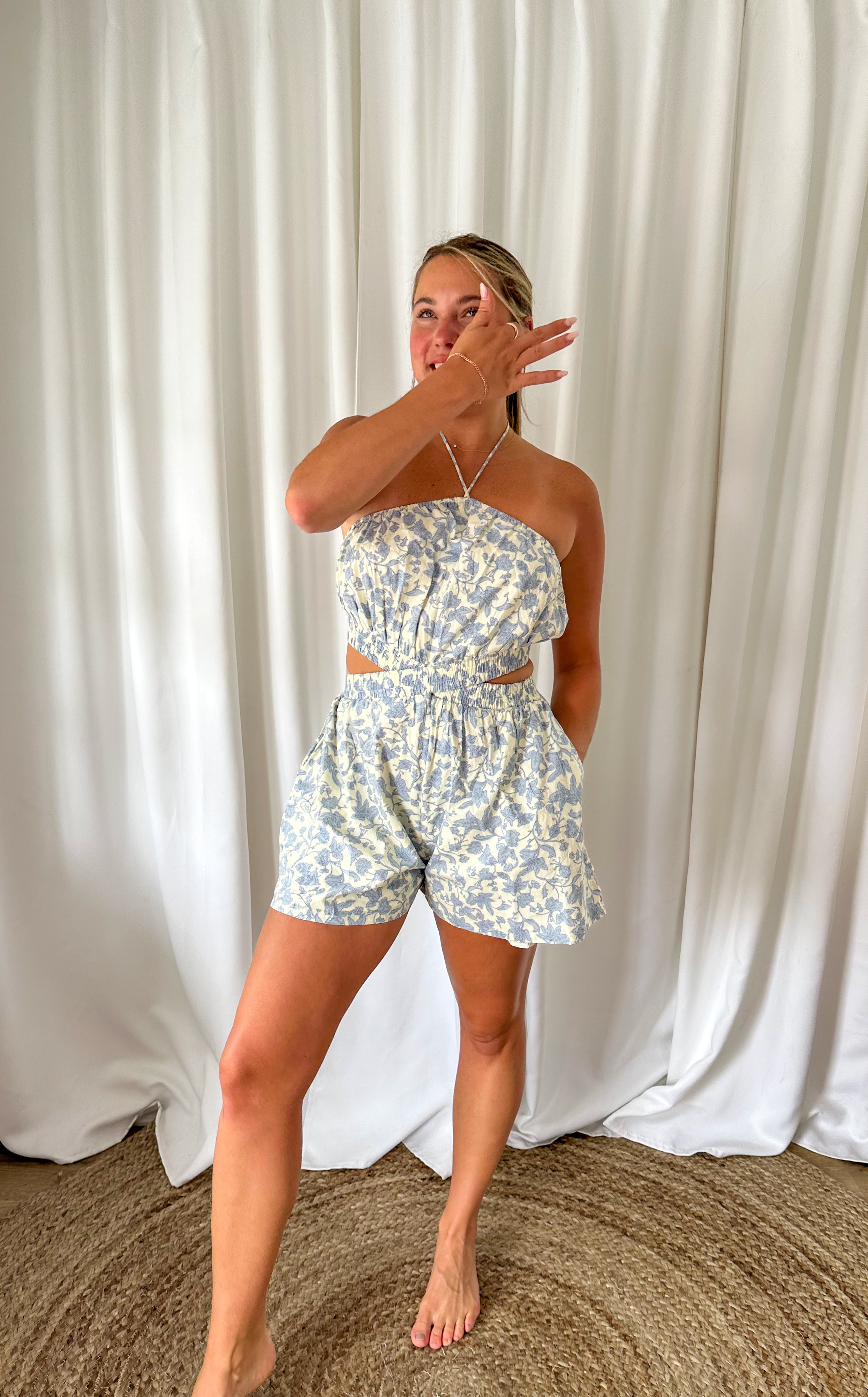 Blue Floral Cutout Romper