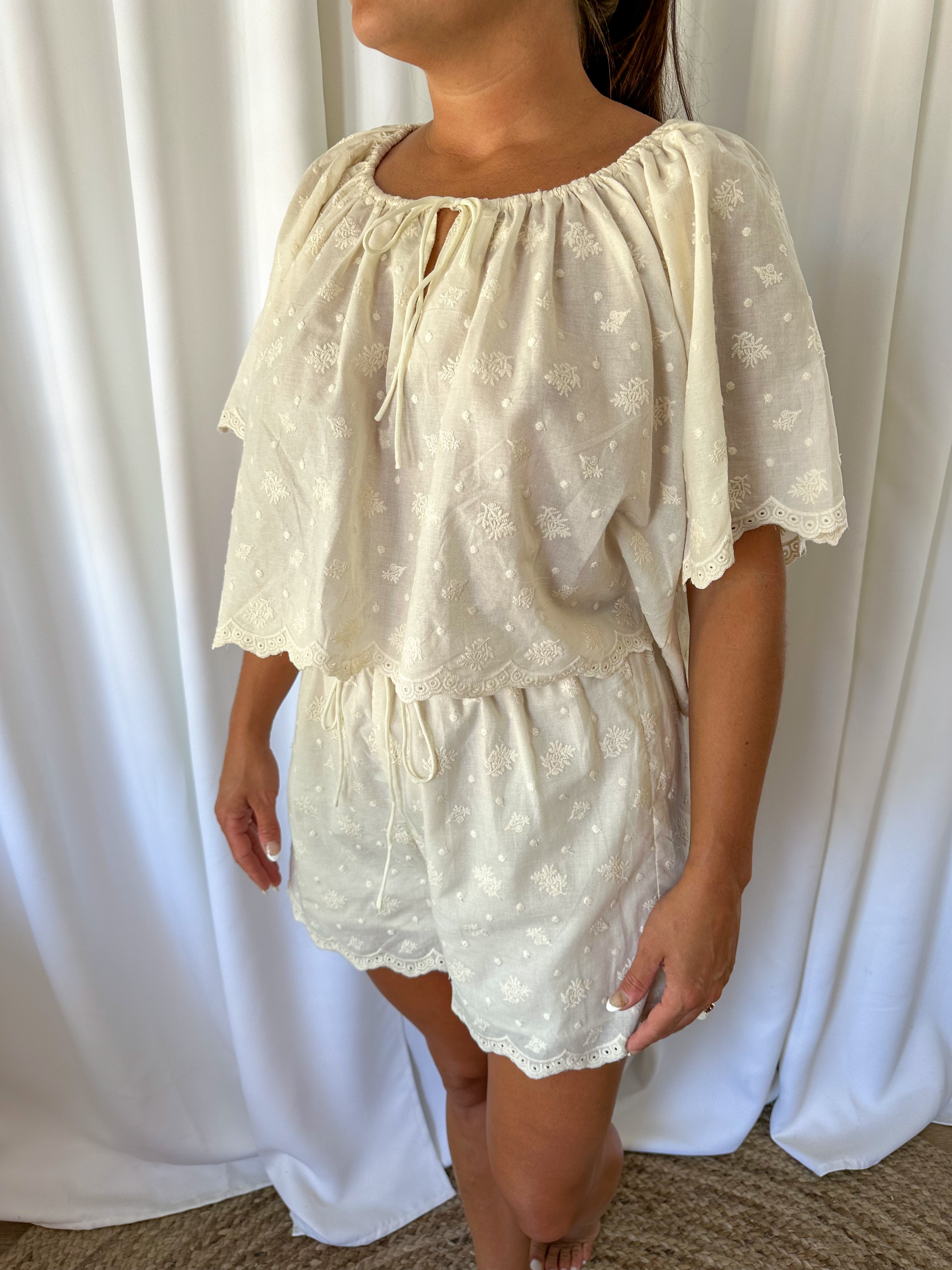 Cream Embroidered Short Set