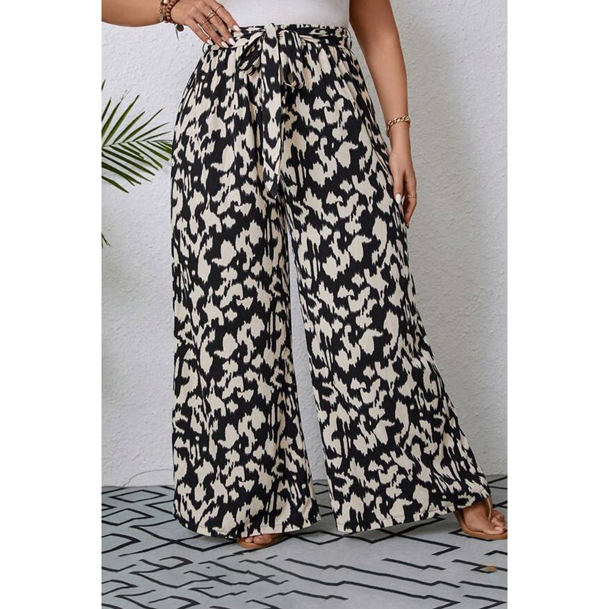 Plus Animal Print Wide Leg Belt Pant