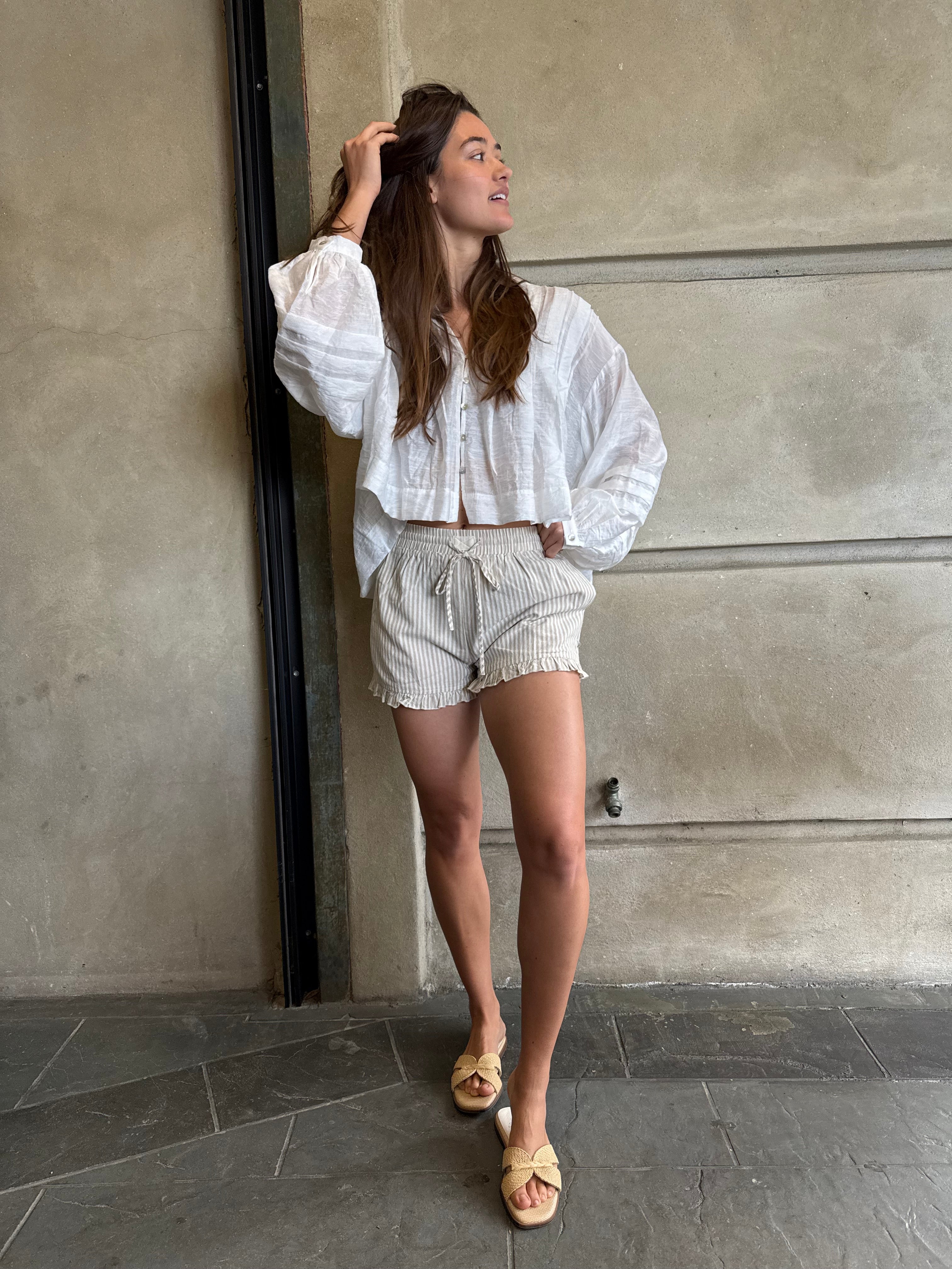 Khaki Striped Ruffle Shorts