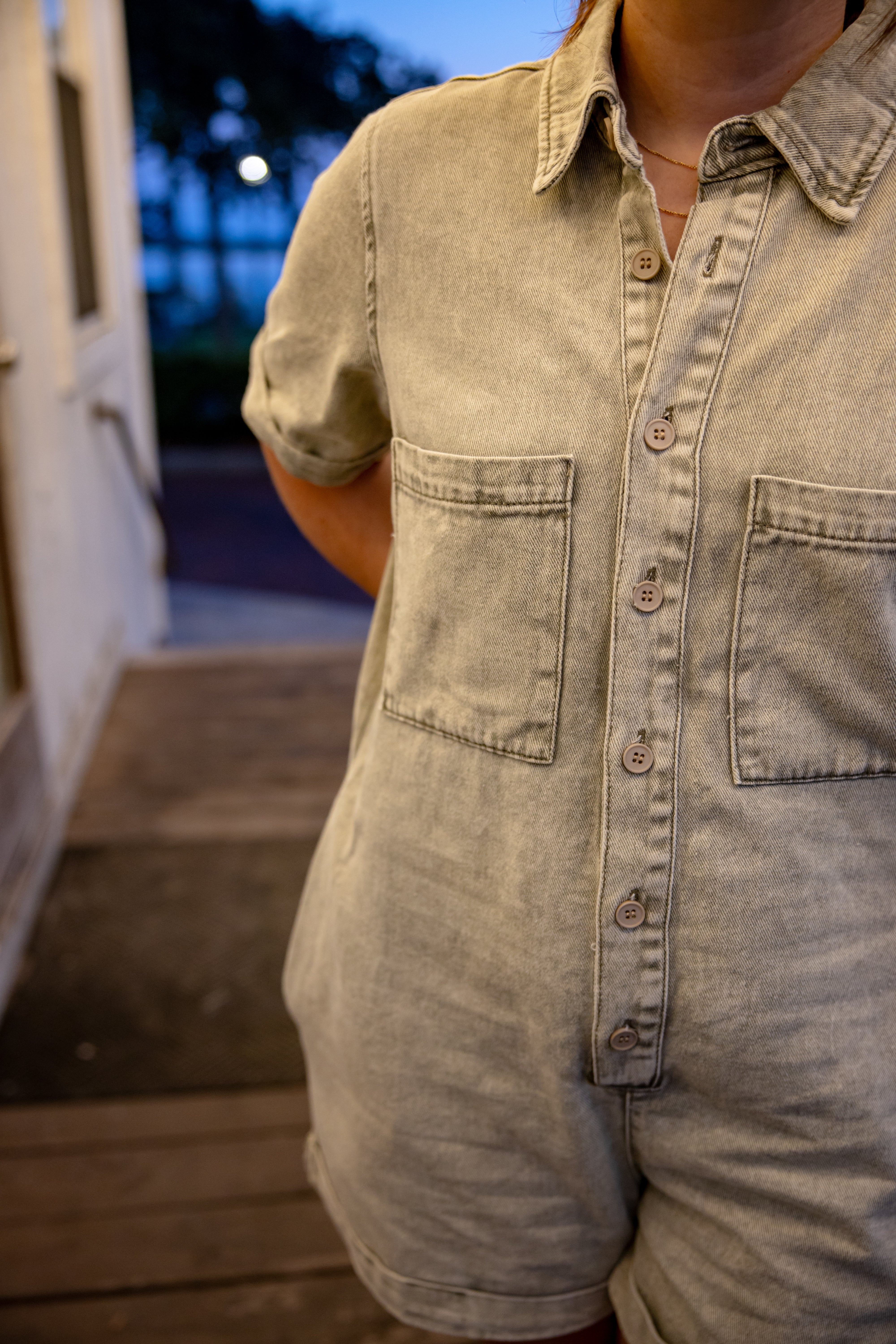 Olive Washed Denim Romper