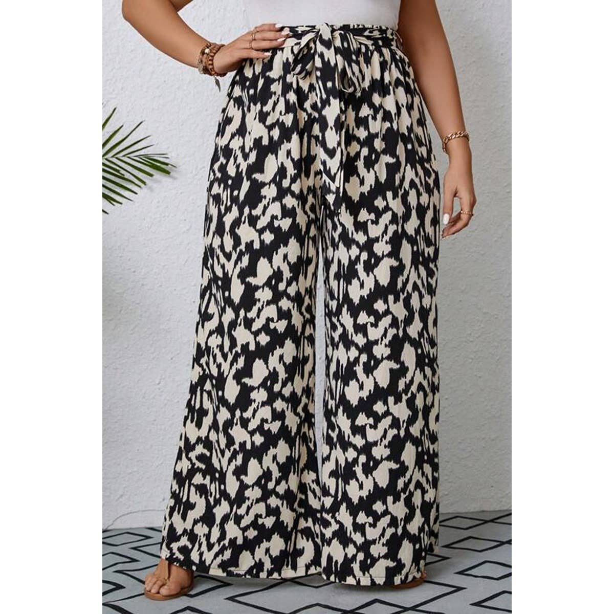 Plus Animal Print Wide Leg Belt Pant